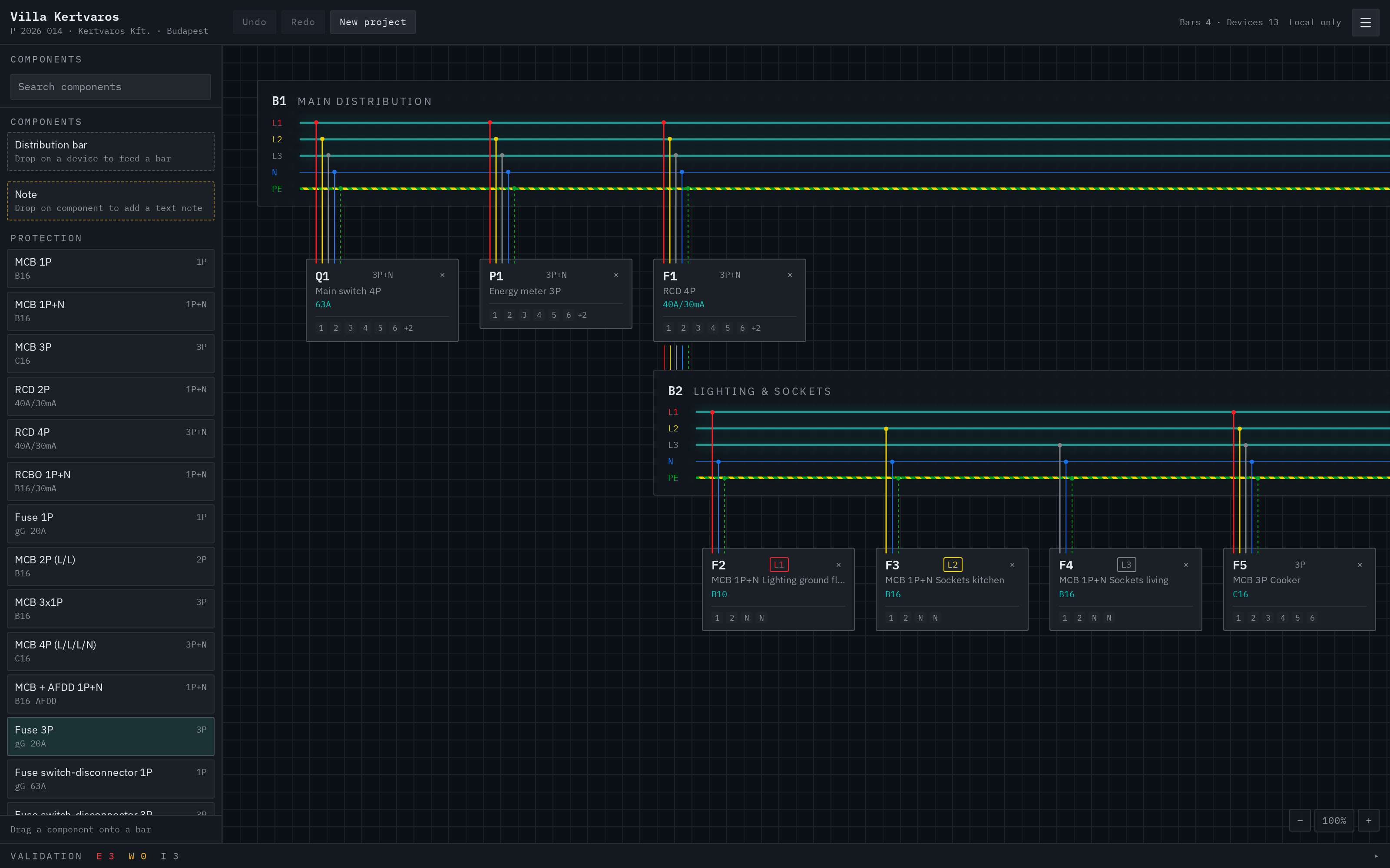 Panel Designer editor showing a 3P+N main distribution bar with main switch, energy meter and RCD feeding a lighting and socket sub-bar with colour-coded L1/L2/L3, N and PE wiring
